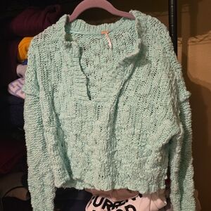 Free People Textured Mint V-Neck Sweater